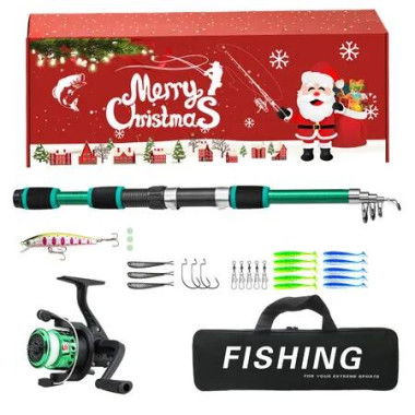 Christmas Fishing Rod and Reel Combo Kit Lightweight Starter Set Saltwater Freshwater Great Christmas Gift Color Green