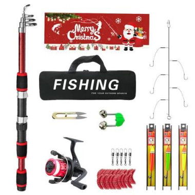 Christmas Fishing Rod and Reel Combo Kit Lightweight Starter Set Saltwater Freshwater Great Christmas Gift Color Red