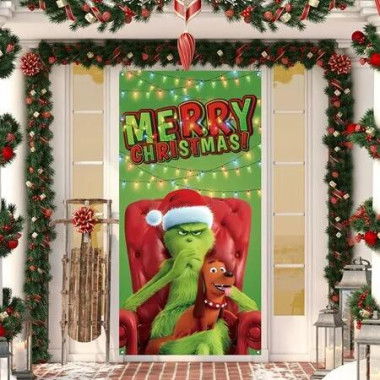 Christmas Grinch Door Cover Green Backdrop Merry Porch Sign Decoration 90x180cm Holiday Xmas Decor Ornaments