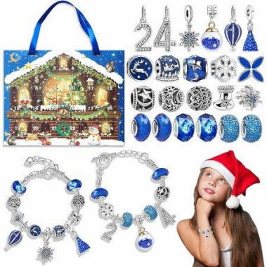 Christmas Jewelry Advent Calender Countdown Calendar DIY Jewelry Kit for Women Girls, Include 22 Charm Beads, 2 Bracelets Chains (Blue)