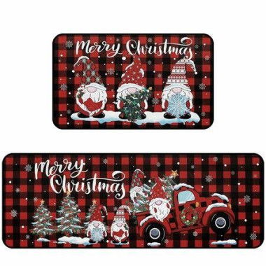 Christmas Kitchen Rug Set of 2 Non Slip Buffalo Plaid Gnomes Anti Fatigue Kitchen Rugs Floor Carpet Set for Winter Xmas Holiday Kitchen Decor