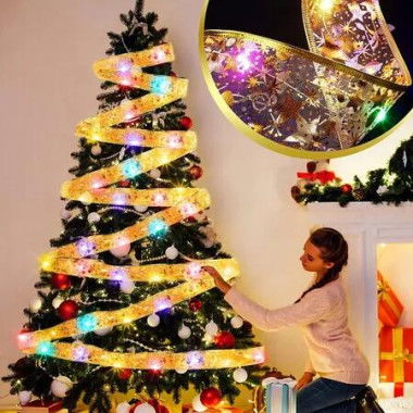 Christmas Ribbon Lights 10M 100 LED Battery Operated Christmas String Fairy Lights For Christmas Indoor Outdoor Decoration Gold Ribbon,Colorful Lights