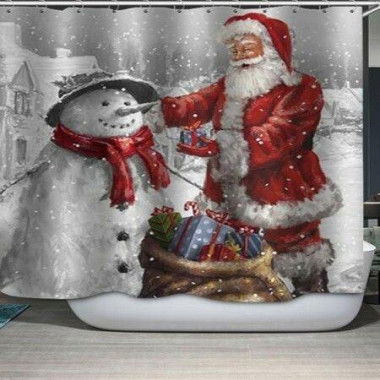 Christmas Santa Claus And Snowman Print Waterproof Bathroom Shower Curtain