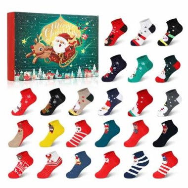 Christmas Socks Advent Calendar 24 Days of Advent Box Socks Christmas Countdown,Santa Elk Snowman Tree Pattern for Gifts Advent Calendar