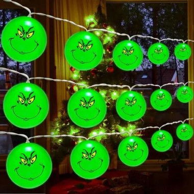 Christmas String Lights 2 Pcs Grinch 20LED 3m Battery Operated Decorations Tree Home Garden Indoor Outdoor Warm Festive Holiday Glow Gift