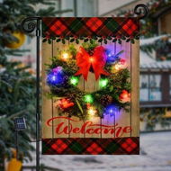 Detailed information about the product Christmas Welcome Wreath Garden Flag with Lights Solar LED Welcome Sign Garden Flags Banner 12x18 Double Sided for Outdoors Patio Lawn Yard Decoration