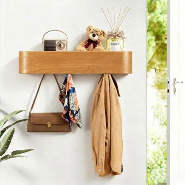 Clothes Coat Rack Hanger Wall Mounted 5 Hooks Hat Bag Towel Organiser Key Holder Wooden Storage Shelf Home Entryway Hall Bathroom Living Room Decor