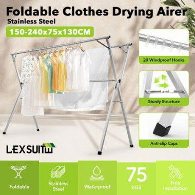 Clothes Drying Airer Stainless Steel Garment Rack Laundry Adjustable Foldable Freestanding Outdoor With 20 Hooks