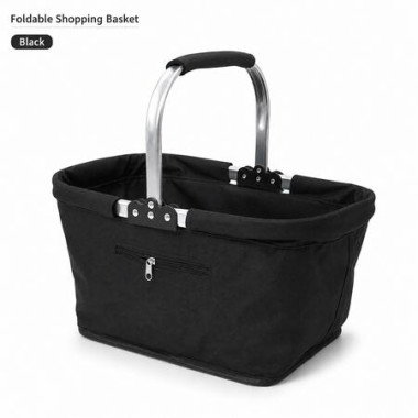 Collapsible Market Basket With Aluminium Frame Large Zip Side Pocket 43 x 27 x 23 cm Foldable Shopping Basket Black