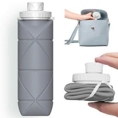 Collapsible Water Bottles Cups Leakproof Valve Reusable BPA-Free Silicone Foldable Travel Water Bottle Cup For Gym Camping Hiking Travel Sports Lightweight Durable (20 Oz Grey)