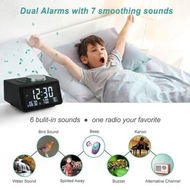 Detailed information about the product Compact Alarm Clock with FM Radio, USB Charging, Dual Alarms, and Temperature Display