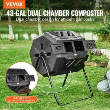 Compost Bin 43 Gal Dual-Chamber Composter Tumbler Rotating Sliding Doors