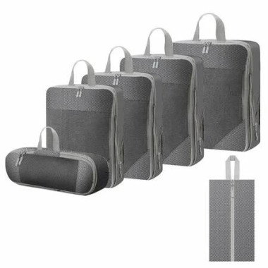 Compression Packing Cubes for Suitcases Travel Essentials 6 Set Rectangle Mesh Expandable Travel Bags Organizer for Luggage Grey