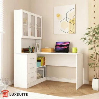 Computer Desk and Bookcase 3in1 Study Writing Laptop Table Shelving Office Bookshelf Drawers Cabinets White