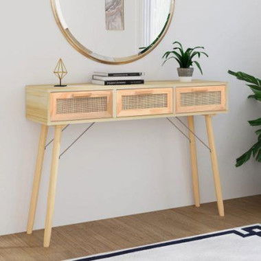 Console Table Brown 105x30x75 Cm Solid Wood Pine & Natural Rattan