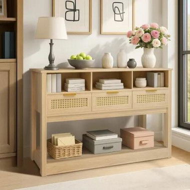 Console Table End Hall Sofa Accent Narrow Side Couch Entryway Entrance TV Stand Living Bed Room Home Furniture Rattan Storage Drawer Display Shelf Oak