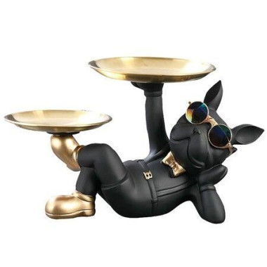 Cool Resin Dog Statue Black 2 Metal Trays With Cute Glasses French Bulldog Figurine Sculptures Home Decor Gift