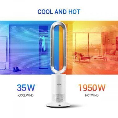 Cool/Hot 2-in-1 Safe Bladeless Fan/Heater 120-Degree Rotary Body Stereo Wide Angle Wind Supply With Timer.
