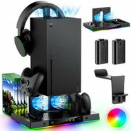 Detailed information about the product Cooling Fan Dual Charging Stand for Console Controller,Cooler Charger Station System with 15 RGB Light Disc Accessories Storage (Black)