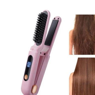 Cordless Hair Straightener Brush 3 in 1, Cordless Rechargeable Hair Straightener Comb Clip 5000mAh, Portable Travel Straightener, Pink