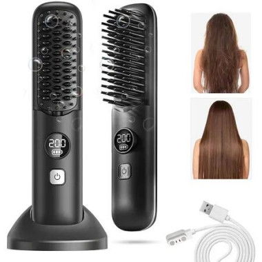 Cordless Hair Straightener Brush, Portable Mini Hair Straightening Comb for Travel, Negative Ion Hot Comb Hair Straightener for Women, Black