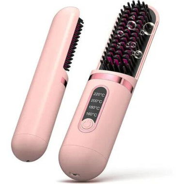 Cordless Hair Straightener for Women, USB Rechargeable Electric Hot Straightener Comb, Portable Mini Heated Hair Straightening for Travel, Pink