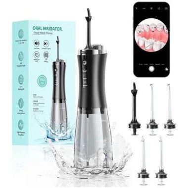 Cordless Portable Water Flosser with Camera, Rechargeable Water Dental Flosser for Teeth Cleaning Flossing IPX7 Waterproof Oral Irrigator, Black
