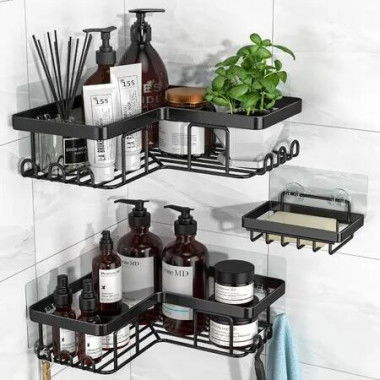 Corner Caddy Shower Adhesive Organizer Bathroom 3Pcs No Drill Wall Mounted Soap Holder 12 Hooks Rustproof Stainless Steel Black