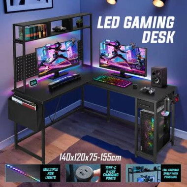 Corner Gaming Desk L Shaped Computer Study Work Table Home Office Workstation Carbon Fibre with RGB LED Light Drawer Shelves Storage Bag Pegboard USB