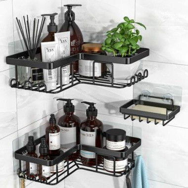 Corner Shower Caddy Adhesive Shower Caddy With Soap Holder And 12 Hooks Rustproof Stainless Steel Bathroom Shower Organizer No Drilling Wall Mounted Shower Rack For Bathroom (3 Pack Black)