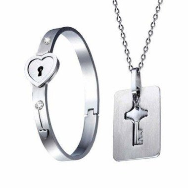 Couple Jewelry Key Necklace And Lock Bracelet Love Heart Bangle Gift Set Pendant Titanium Alloy Only You Have My Key