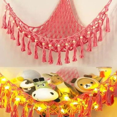 Cozy Stuffed Animal Storage Hammock with LED Light - Macrame Hanging Organizer for Kids' Bedrooms (Pink)