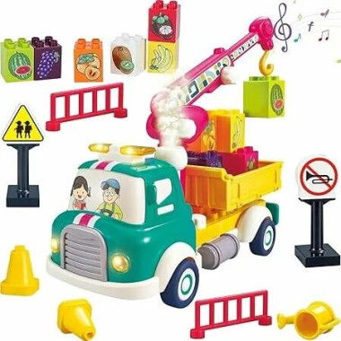 Crane Truck Construction Sound Light Montessori Pull Back Car Toys Fruit Building Block Birthday Gifts for Kids Boys Girls