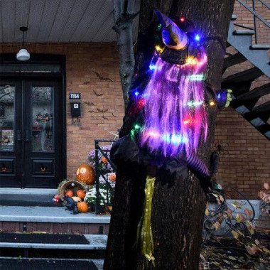 Crashing Witch Into Tree Fairy Light String For Outdoor Porch Garden Patio Pathway Party Halloween Decor Purple Hair (colorful LED Lights)