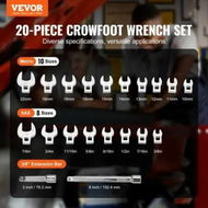 Detailed information about the product Crowfoot Wrench Set, 3/8' Drive 20-Piece Crows Foot Wrench Set with 2 Extension Bars and EVA Tool Organizer, SAE 3/8'-7/8' and Metric 10-22 mm, 40CR Material with Mirror Chrome Finish