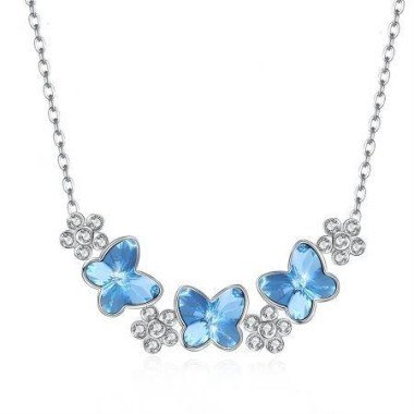 Crystal Butterfly Sterling Silver Necklace Pale Blue/Platinum Plated.