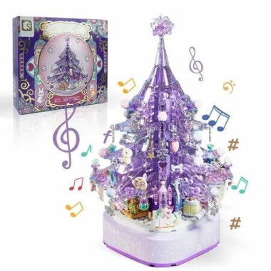 Crystal Christmas Tree Building Block Set Music Box with LED Light Rotating Xmas Bricks Toy for Girls Ages 6+ Musical Blocks Toy