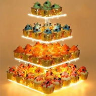 Detailed information about the product Cupcake Stand Acrylic Tower 4 Tier Display LED Light Premium Dessert Tree Birthday Candy Bar Weddings Parties Events Yellow Elegant Decor