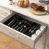 Detailed information about the product Cutlery Drawer Organiser Expandable Utensil Tray for Kitchen Adjustable Silverware and Flatware Holder Compact Plastic Storage for Spoons Forks Knives