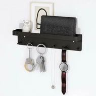 Detailed information about the product Decorative Wall-Mounted Key Holder with Mail Organizer, Tray, and 6 Stainless Steel Hooks in Black