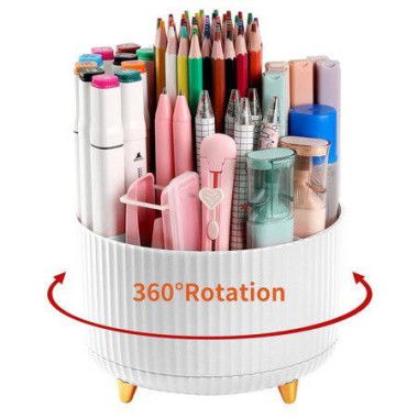 Desk Pencil Pen Holder - 5 Slots 360-Degree Rotating Pencil Pen Organizers For Desk - Desktop Storage Stationery Supplies Organizer - Cute Pencil Cup Pot For Office School Home Art Supply (White)