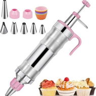 Detailed information about the product Dessert Decorating Syringe Set, Frosting Piping Kit Stainless Steels Cake Decorating with 6 Piping Tips,9 Silicone Cupcakes,Pink