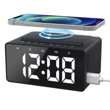 Digital Alarm Clock Radio With Wireless Charging USB Fast Charger Bluetooth Speaker3 Level Dimmable LED Display