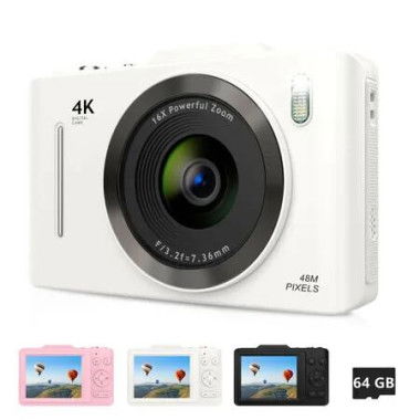 Digital Camera 2.8',FHD 4K 48MP Point and Shoot Digital Camera for Kids with 16X Zoom 64GB Card,Anti-Shake,Autofocus Camera for Gift(White)