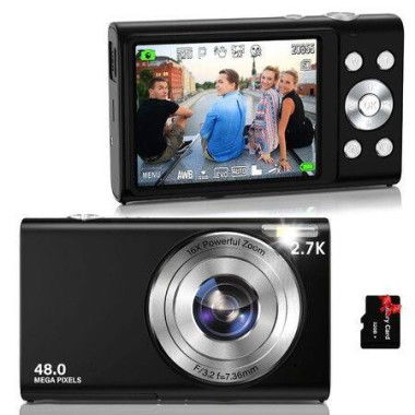 Digital Camera Auto Focus 2.7K Vlogging Camera HD 48MP 16X Digital Zoom Camera with 32G Memory Card,Portable Mini Compact Camera (Black)