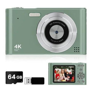 Digital Camera, Kids Camera, Vlog Camera with 64GB Card, Lanyard, 16X Zoom Anti Shake, Card Reader for Kid Student Children Teen Girl Boy, Green