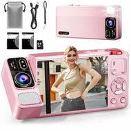 Detailed information about the product Digital Camera,4K 64MP Cameras for Photography,270 Degree Flip Screen Vlogging Camera,Autofocus,Flash,18X Zoom,2 Batteries,64GB Card,Pink