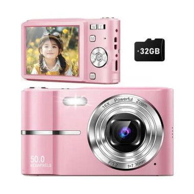 Digital Camera,50MP Point and Shoot Camera with 16X Zoom Anti Shake,Compact Portable Camera for Girls Boys Kids with 32GB Card,Pink