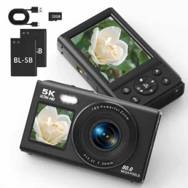 Digital Camera,5K 80MP Dual Screens Camera with 18X Digital Zoom,Compact Vlogging Camera for Teens with 32GB Card and 2 Batteries,Stylish Beginner Camera