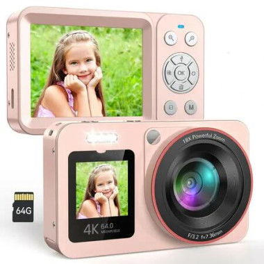 Digital Camera,FHD 4K 64 MP Camera with Dual Screen 64GB SD Card Point and Shoot Camera 18X Zoom,Anti Shake Portable Rechargeable Camera,Pink